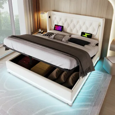 Productafbeelding van Gestoffeerd bed 160x200 met driezijdig LED-verlichting en opbergruimte, bed voor jongeren met USB- en Type-C-aansluitingen, tweepersoonsbed, wit, zonder matras