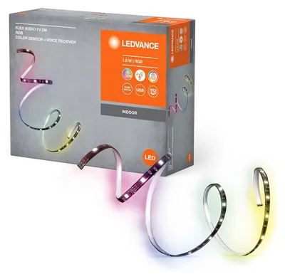 Immagine prodotto di LEDVANCE FLEX AUDIOTV 2M striscia LED RGB, bianca, 3,7W, 50lm, ricevitore audio integrato, sensore di colore, lunga durata, facile installazione, con connessione USB, autoadesiva, classe di protezione IP20