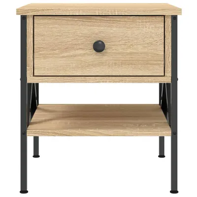 A product shot of a wooden nightstand with a drawer and a shelf, set against a white background.
