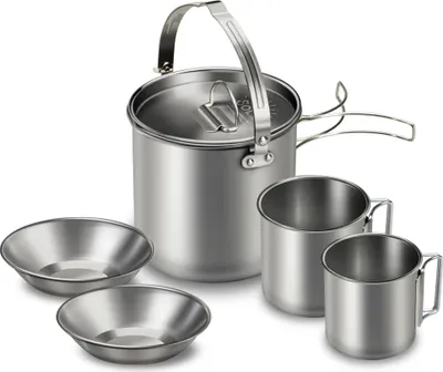 Imagen del producto de Juego de cocina para camping de acero inoxidable de 5 piezas, que incluye una olla con 2 tazas y 2 cuencos, asas plegables, tapa y gran capacidad para té, café y agua