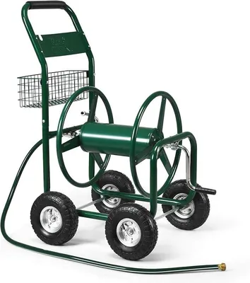 Imagen del producto de Silecomplaza, carro para mangueras de jardín, apto para mangueras de 5/8" de hasta 80 metros, con tambor para manguera, cesta y neumáticos de goma. Enrollador de manguera, de metal, color verde, dimensiones: 95 x 62 x 113 cm