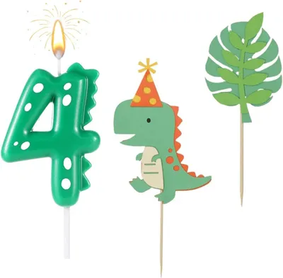 Imagen del producto de Velas de cumpleaños, número 4, con forma de dinosaurio, para niñas y niños, set de decoración para tartas de cumpleaños con 2 figuras de dinosaurios