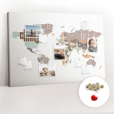 Imagen del producto de Tablero de corcho con chinchetas – Tablero con chinchetas para fotografías y notas – 120x80 cm – 100 chinchetas metálicas – Mapa con letras de colores