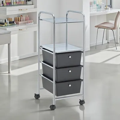 Produktbild von Rollcontainer GINA, schönes Badregal mit 3 Schubladen, praktischer Rollwagen mit 2 Böden, moderner Arbeitswagen in schwarz/chrom