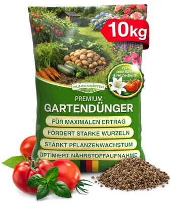 Produktbild von DÜNGEMEISTER Premium Gartendünger gegen mickrige Ernte & ausgelaugte Böden - Universal Dünger für Gemüse, Obst, Blumen & Rasen ohne Spezialdünger Chaos - mit Sofort- & Langzeitwirkung 10kg
