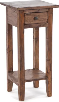A wooden side table with a drawer and a shelf.