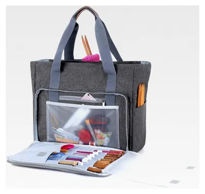 Produktbild von Stricktasche zur Aufbewahrung für Wolle, Stricknadeln, Häkelnadeln, Strickprojekte und Zubehör (Grau)