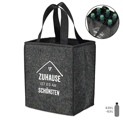 Produktbild von Flaschenträger aus Filz für 6 Flaschen mit Spruch 'Zuhause ist es am schönsten' anthrazit  Flaschenkorb Tragetasche