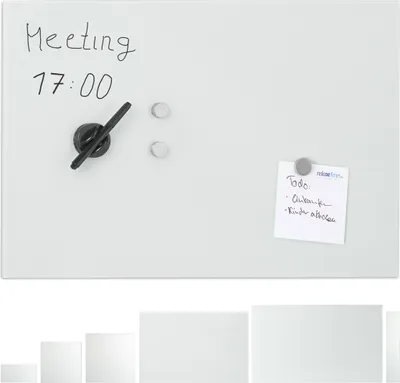 Produktbild von Relaxdays Magnettafel Glas, 60x40 cm, 3 Magneten, Marker, Stiftehalter, Büro & Küche, Sicherheitsglas Magnetboard, weiß