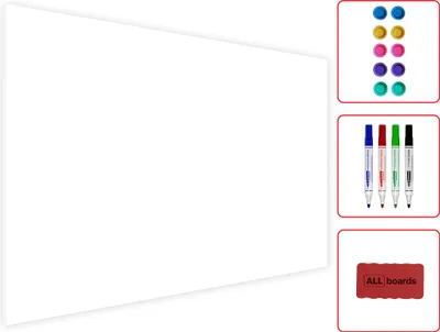 A white board with accessories on the right side, including magnets, markers, and an eraser.
