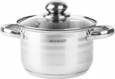 A stainless steel pot with a glass lid and handles, shown from the front against a white background.