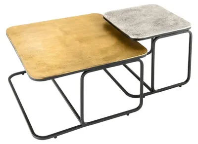 Image de Lot de 2 tables basses gigognes METRIX carrées dorée et argentée – Tables basses design empilables en métal