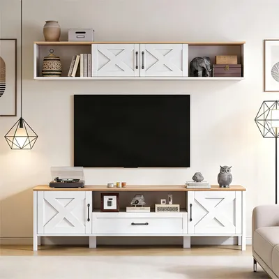 Produktbild von TV-Wohnwand-Set 180 cm – Komplett-Set in Weiß, TV-Ständer + Hängende Vitrine, 4 Schränke & 1 Schublade, für TV bis 80", Mediawand für Wohnzimmer, MDF-Konstruktion