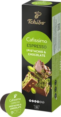 A box of Tchibo Cafissimo Espresso Pistachio & Chocolate coffee capsules, with a single capsule shown in the foreground.