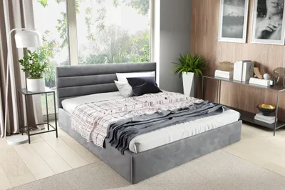 A bedroom scene featuring a large bed with a gray upholstered headboard and frame, dressed with bedding and throws. A floor lamp, a side table with a plant, and a console table with decorative items are also visible.