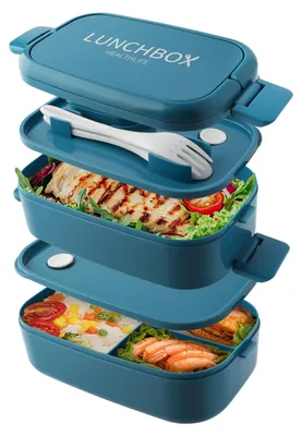 Produktbild von Stapelbare Bento-Lunchbox, 1400 ml Fassungsvermögen mit 4 Fächern und Besteck, auslaufsichere 2-stöckige Box, für Erwachsene, Kinder, Büro, mikrowellen- und spülmaschinenfest (Reinblau)