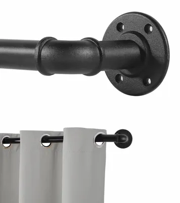 Produktbild von Ausziehbare Gardinenstange aus schwarzem Metall, verstellbare Gardinenstange im Industriestil für Ringgardinen, industrielle Gardinenstange für Fenster von 80 cm bis 218 cm, Spannstange für Raumteiler.