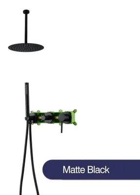 Obrázek produktu pro Sprchový systém do koupelny – stropní montáž, set dešťové sprchy – kulatá dešťová sprcha 25 cm, s přepínačem a směšovačem (dvoucestný), výškově nastavitelný, mosaz, černá barva