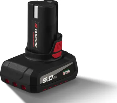A black and red battery pack with the brand name 'PARKSIDE' visible.