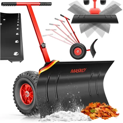 Immagine prodotto di Pala per neve MASKO® su ruote, con altezza regolabile - Regolazione dell'altezza su 5 livelli. Ideale per spalare la neve in modo ergonomico, proteggendo la schiena. Pala per neve, scudo neve. Larghezza di lavoro: 75 cm, altezza: 42 cm. Design pieghevole per un facile stoccaggio