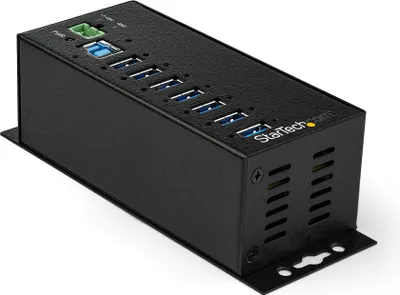 Produktbild von StarTech.com HB30A7AME USB 3.0 Hub (7-Port, Din-Rail,  Industrielle Anwendung, externes Netzteil, Uberspannungsschutz, ESD, 350 W, 15 kV) - Hub - 7 x USB 3.2 Gen 1 - an DIN-Schiene montierbar, wandmontierbar - TAA-konform - für P/N: ITB20D3250