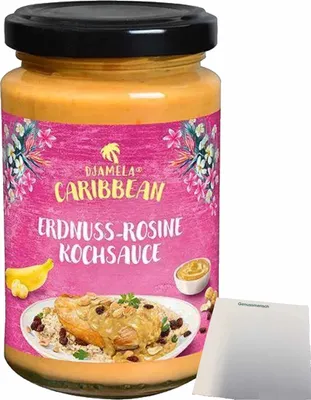 Produktbild von Djamela Caribbean Erdnuss-Rosine Kochsauce (200ml Glas) + usy Block