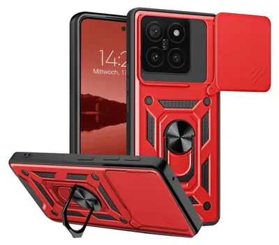 A red and black rugged phone case with a camera cover and a ring stand, shown from multiple angles.