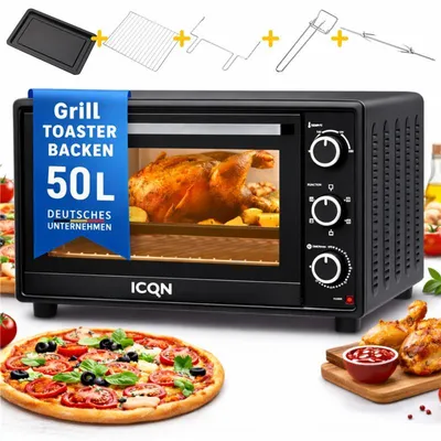 Obrázek produktu pro ICQN 50L Mini trouba s konvekcí, 1800 W, rožeň, vnitřní osvětlení, trouba na pizzu, časovač na 60 min, včetně sady pečicích plechů, mini trouba