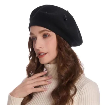Zdjęcie produktu dla Czapka zimowa damska, typu baskenmütka, francuski beret, podwójna warstwa, uniwersalny rozmiar, czarna