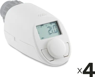 A white radiator thermostat head with a digital display and a dial.