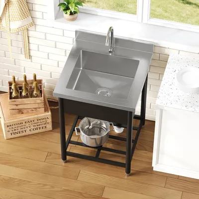 Produktbild von Merax Freistehendes Edelstahl-Spülbecken 60x60 cm mit Wasserhahn und Ablage, Outdoor Spüle für Garten, Küche, Werkstatt & Gastronomie, Silber Schwarz