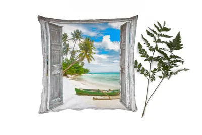 Produktbild von MuchoWow® Zierkissen Sofakissen Wohnzimmer Dekokissen 60x60 cm Kanu - Strand - Palme - Aussicht - Sitzfläche - Foto Polster