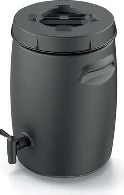 A black plastic barrel with a spigot and lid.