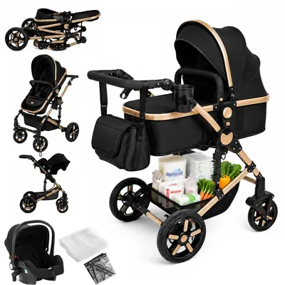 Produktbild von Kombikinderwagen 3-in-1 - Reisesystem - Leichter Aluminiumrahmen - Faltbar - Wende-Sitzeinheit - Vollständige Liegeposition - Leinen - Schwarz-Gold