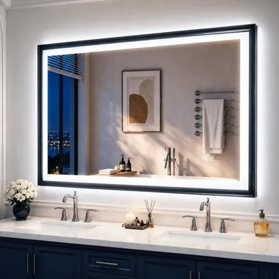 Immagine prodotto di Specchio da bagno illuminato, dimensioni 100x70 cm, cornice nera | LED, antiappannamento, 3 colori, dimmerabile, con funzione di memorizzazione, grado di protezione IP44