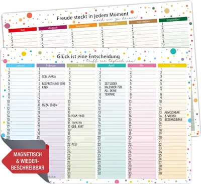 Produktbild von Magnetischer Immerwährender Kalender (2x A4) - Geburtstagskalender A4, 6 Monate je Kalender | Abwischbar & Wiederverwendbar mit Buntem Dots-Design – Jahresunabhängig