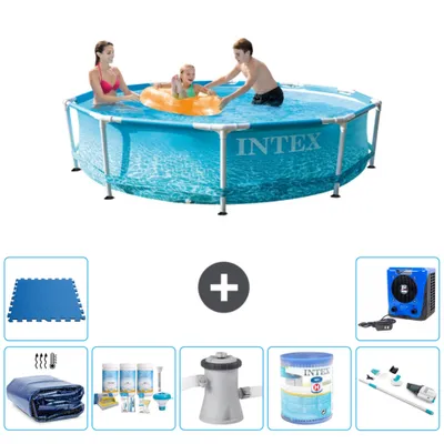 Produktbild von Intex-Schwimmbecken mit rundem Rahmen – 305 x 76 cm – Wasserdruck – im Lieferumfang enthalten Sonnensegel - Wartungspaket - Filterpumpe für Schwimmbad - Filter - Staubsauger - Bodenfliesen