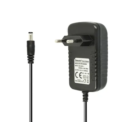 A black power adapter with a European plug and a DC output connector is shown against a white background.
