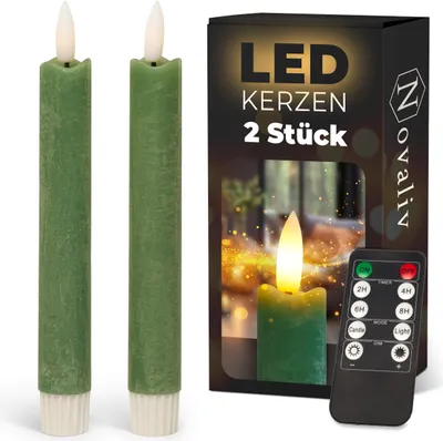 Produktbild von Stabkerzen LED mit Timer Grün 2er indoor mit 6 Stunden Timer - ECHTWACHS 18cm Höhe für Kerzen 2,2cm Durchmesser 2 AAA Batterien notwendig LED Stabkerzen flackernde Flamme bewegliche Flamme