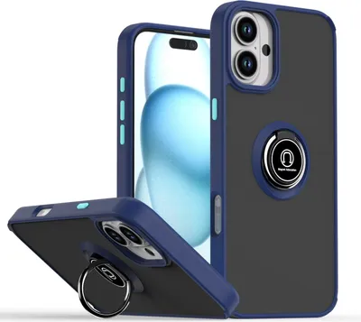 Obrázek produktu pro Pouzdro pro iPhone 16 matné průsvitné TPU pouzdro s prstencovým držákem a stojánkem Tmavě modrá
