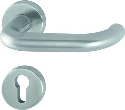 A door handle and a keyhole escutcheon plate, both made of brushed metal, are shown against a white background.