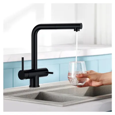 Produktbild von 3-Wege Wasserhahn für die Küche mit ausziehbarem Auslauf, Trinkwasserhahn mit Brause, Küchenarmatur mit zwei Hebeln, 3 in 1 Mischbatterie für Wasserfilter, Matt Schwarz