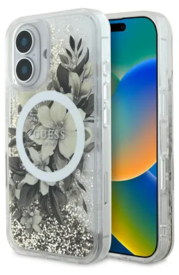 Image de Guess Liquid Glitter Flower Magsafe Case pour Iphone 16 - Beige