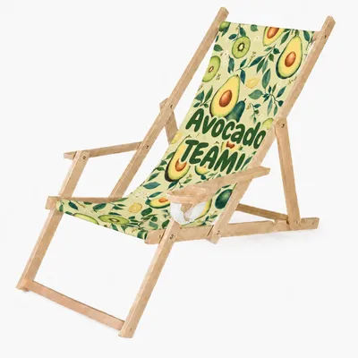 Produktbild von Holz Klappliegestuhl mit Armlehne und Getränkehalter, Avocado mit Text Motiv, klappbar