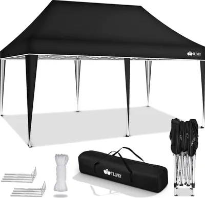 A black pop-up canopy tent and its accessories are displayed against a white background.