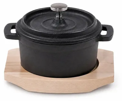 Produktbild von Freyersbacher® Mini Cocotte 9 cm Gusseisen, Kleiner Emaille Topf | Rund, mit Brett und Tuch