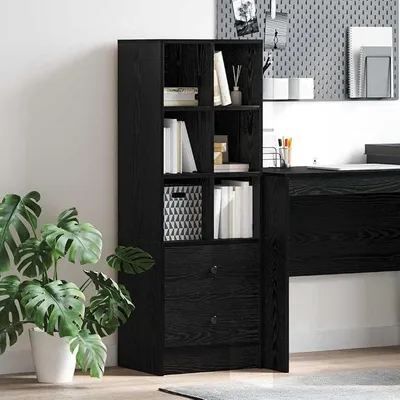 Imagen del producto de Mueble alto color  con aspecto de roble, de 45,5 x 34 x 127 cm, con 2 cajones. Mueble aparador, armario de almacenamiento para la cocina, aparador con espacio de almacenamiento para salón y comedor