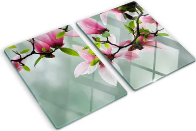 Produktbild von Tulup Glas Herdabdeckplatte - 2x40x52 cm - Glaskeramikkochfeld-Abdeckung Spritzschutz Glasabdeckplatte Kochplattenabdeckung und Schneidebrett - Zweiteilig - Blumen & Pflanzen - Magnolie - Rosa