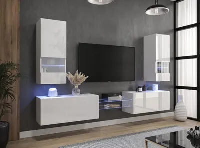 Obrázek produktu pro Furnitech Obývací stěna - Nábytek do obývacího pokoje s LED Blue - Moderní závěsná skříňka - Obývací stěna s policemi a TV skříňkou (AN21-NEW-21W-HG2-1B)