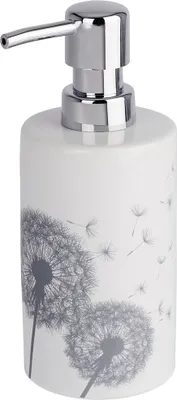 Produktbild von Wenko Astera Keramik Seifenspender, nachfüllbar mit Dosierfunktion, Rund, 360 ml, Grau-Weiß, 8,5 x 7 x 18 cm, Pusteblumen-Design